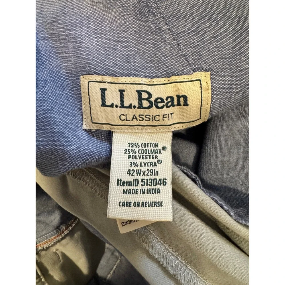 L.L.Bean Chino Classic Fit Pants Mens 42x29 Light Grey Coolmax Preppy Neutral - Picture 5 of 15
